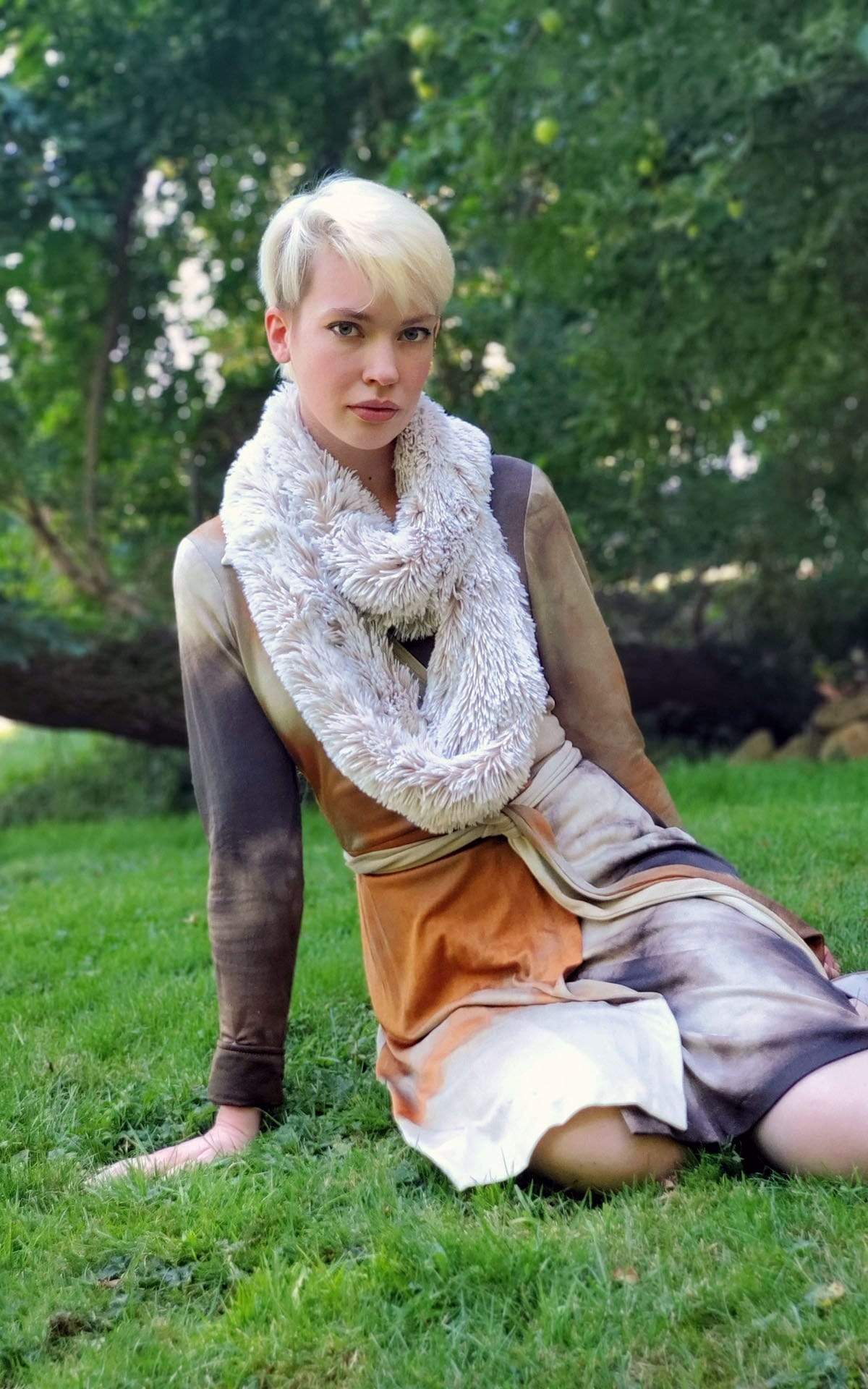Model wearing fingerless gloves and matching headband in nimbus and a  Women’s Infinity Loop Scarf | Pearl Fox long Hair Faux Fur, gray and ivory | Handmade in Seattle WA | Pandemonium Millinery