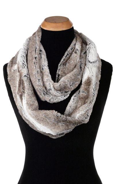 Product shot of Women’s Infinity Loop Scarf | Birch a brown and cream Faux Fur | Handmade in Seattle WA | Pandemonium Millinery