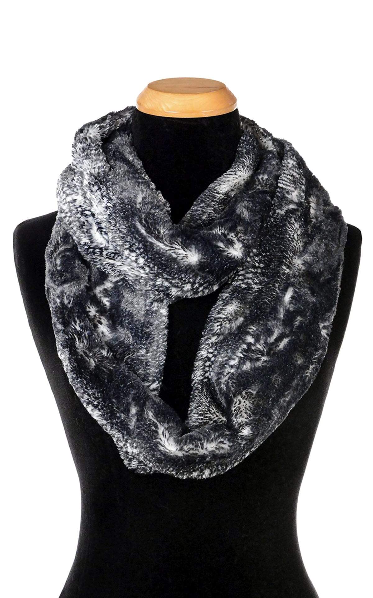 Product Women’s Infinity Loop Scarf | Black Mamba Snake Print in Black and Ivory | Handmade in Seattle WA | Pandemonium Millinery