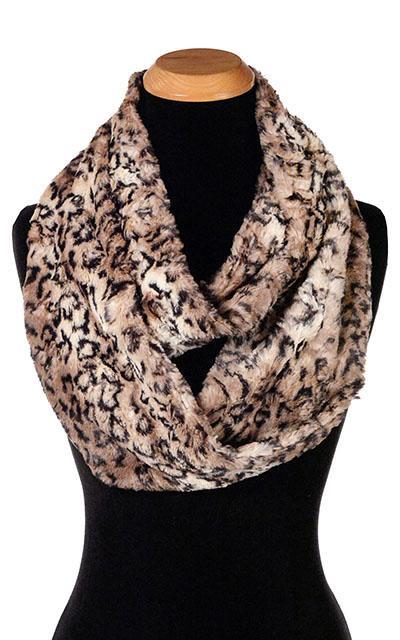 Women’s Infinity Loop Scarf | Carpathian Lynx animal print faux fur in browns and creams | Handmade in Seattle WA | Pandemonium Millinery
