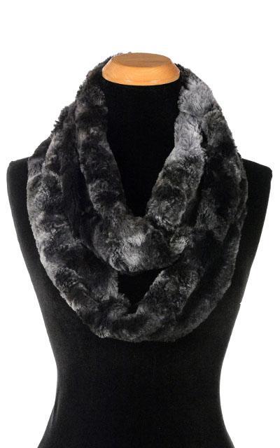 Women’s Infinity Loop Scarf | Highland in Skye faux fur a tie-dyed of navy, blue, and grays | Handmade in Seattle WA | Pandemonium Millinery