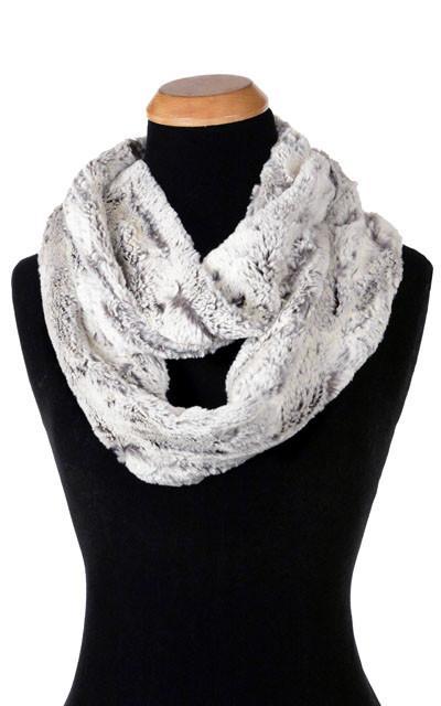 Product shot of Women’s Infinity Loop Scarf | Khaki a grayish and off-white Faux Fur | Handmade in Seattle WA | Pandemonium Millinery