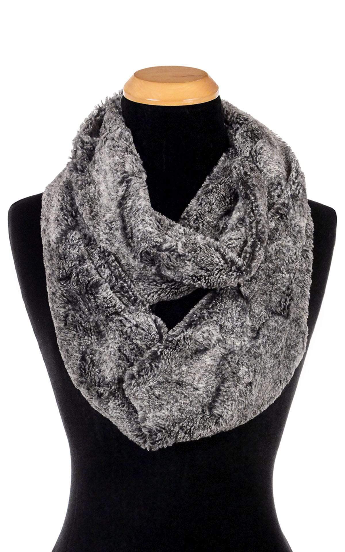 Women's Classic Scarf on mannequin in | Nimbus Faux Fur, blacks and gray | Handmade in Seattle WA Pandemonium Millinery