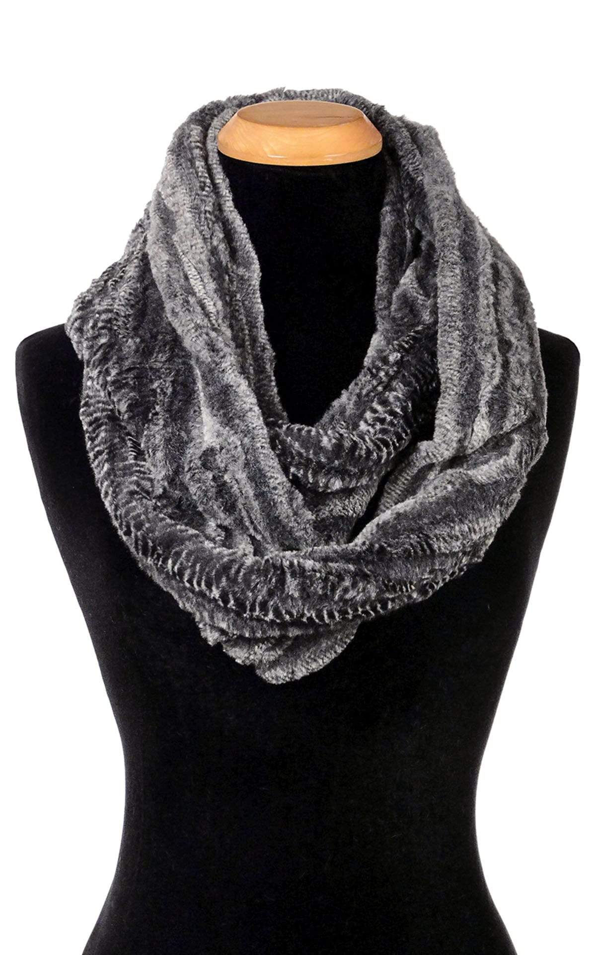 Product Women’s Infinity Loop Scarf | Rattle ‘N’ Shake Snake Print in black creams and grays | Handmade in Seattle WA | Pandemonium Millinery