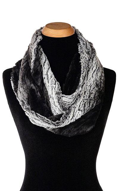Women’s Infinity Loop Scarf | Smoldering Sequoia faux fur with a streaked print of black ivory and grays | Handmade in Seattle WA | Pandemonium Millinery