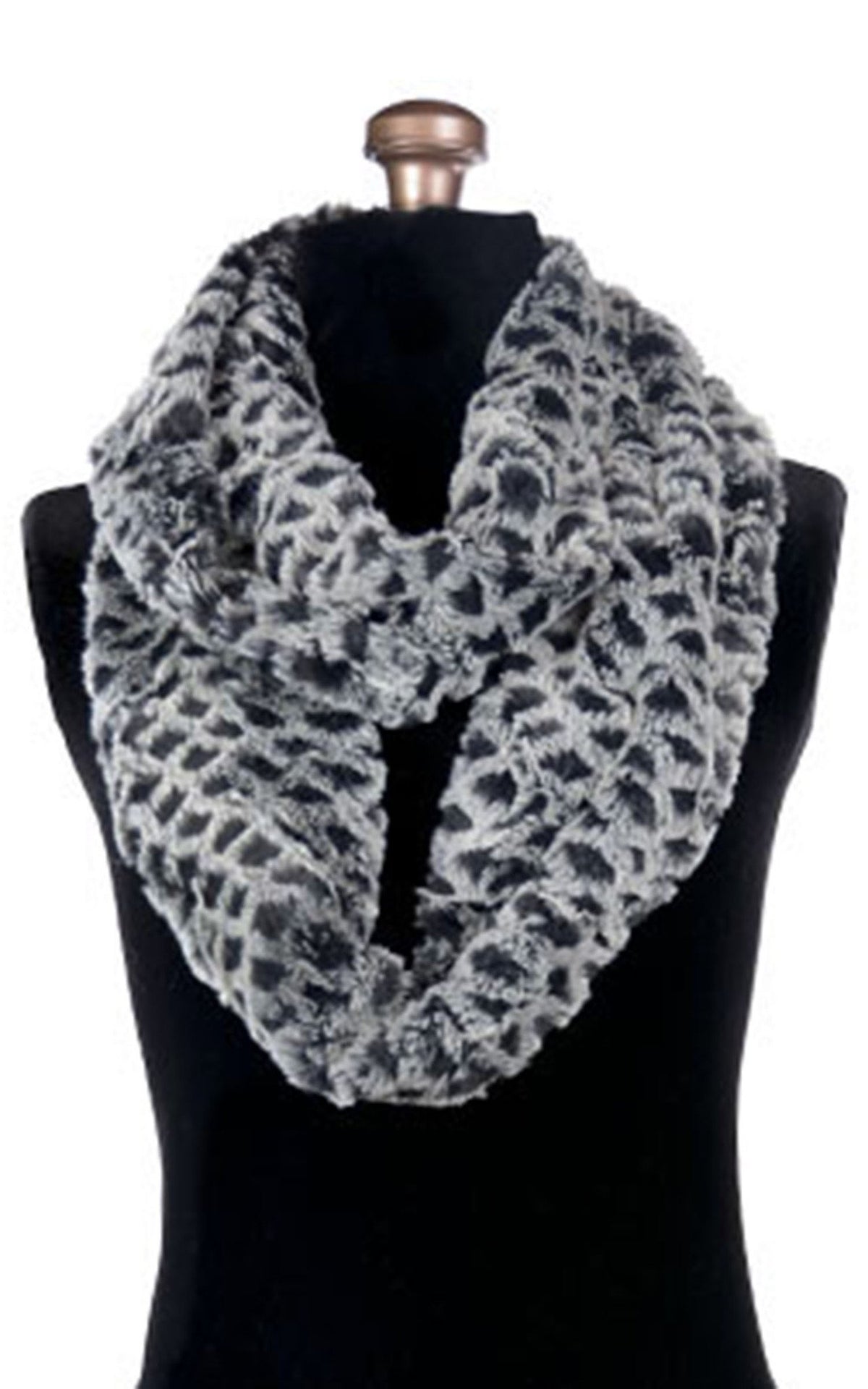 Women’s Infinity Loop Scarf | Snow Owl faux fur in a light gray and black embossed pattern | Handmade in Seattle WA | Pandemonium Millinery
