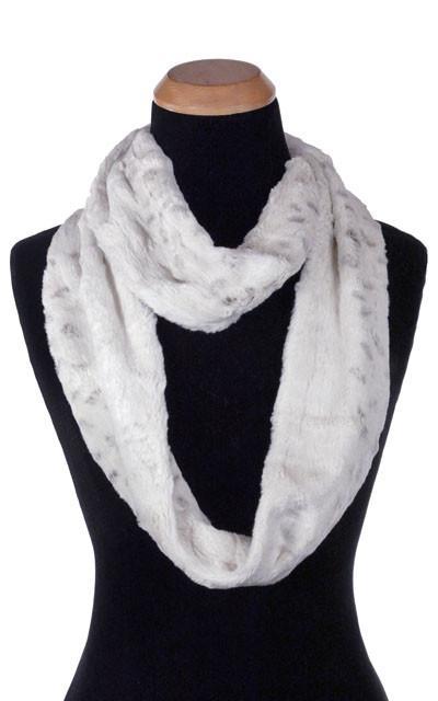 Product shot of Women’s Infinity Scarf | Snow Owl faux fur in a light gray and black embossed pattern | Handmade in Seattle WA