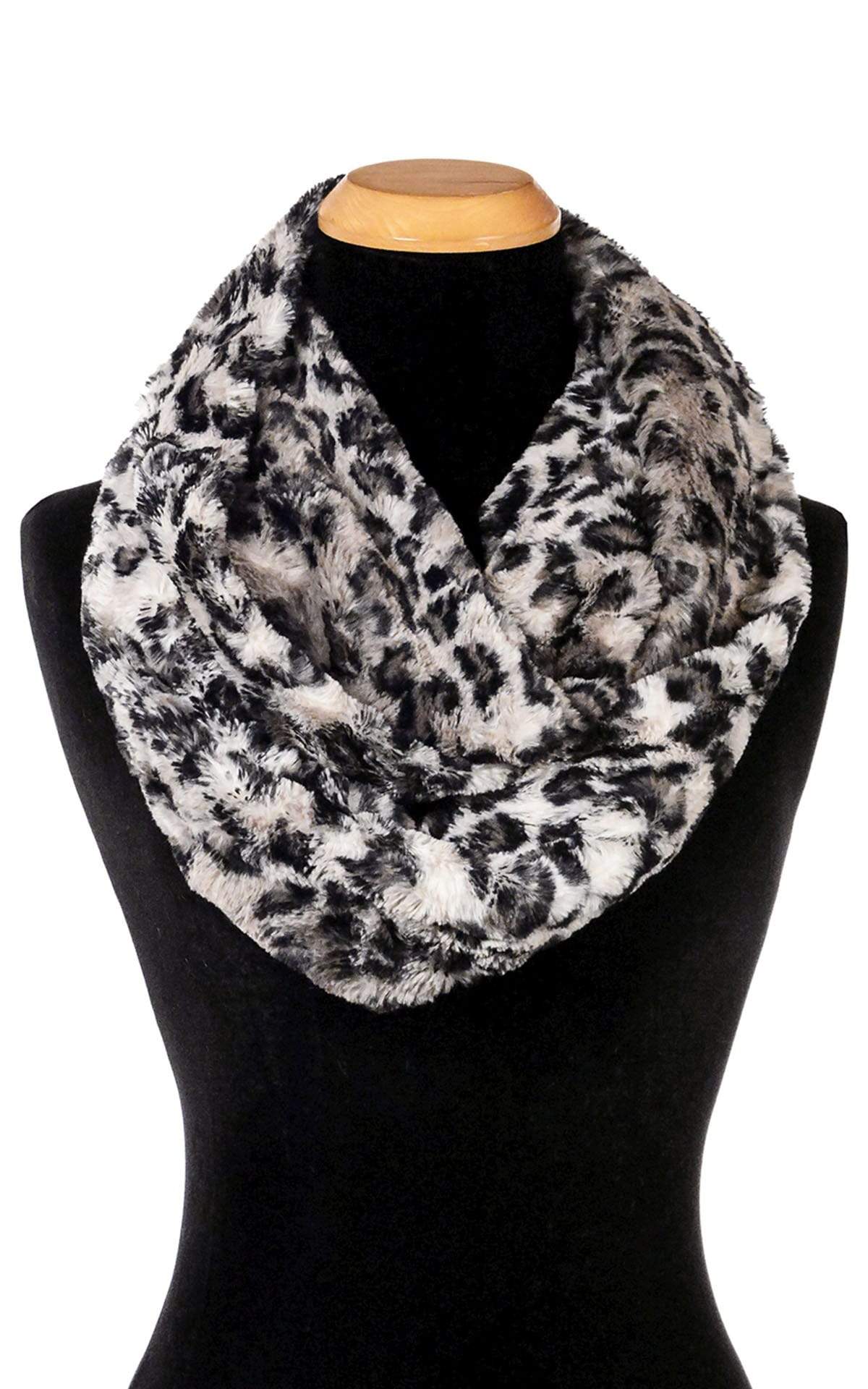 Product Women’s Infinity Loop Scarf | Savannah Cat Faux Fur Animal Print in black creams and grays | Handmade in Seattle WA | Pandemonium Millinery