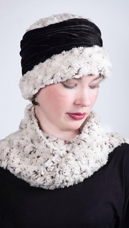 Model wearing a ana 1920’s cloche style hat and matching Women’s Infinity Loop Scarf | Rosebud in Brown Faux Fur Tan and Chocolate | Handmade in Seattle WA | Pandemonium Millinery