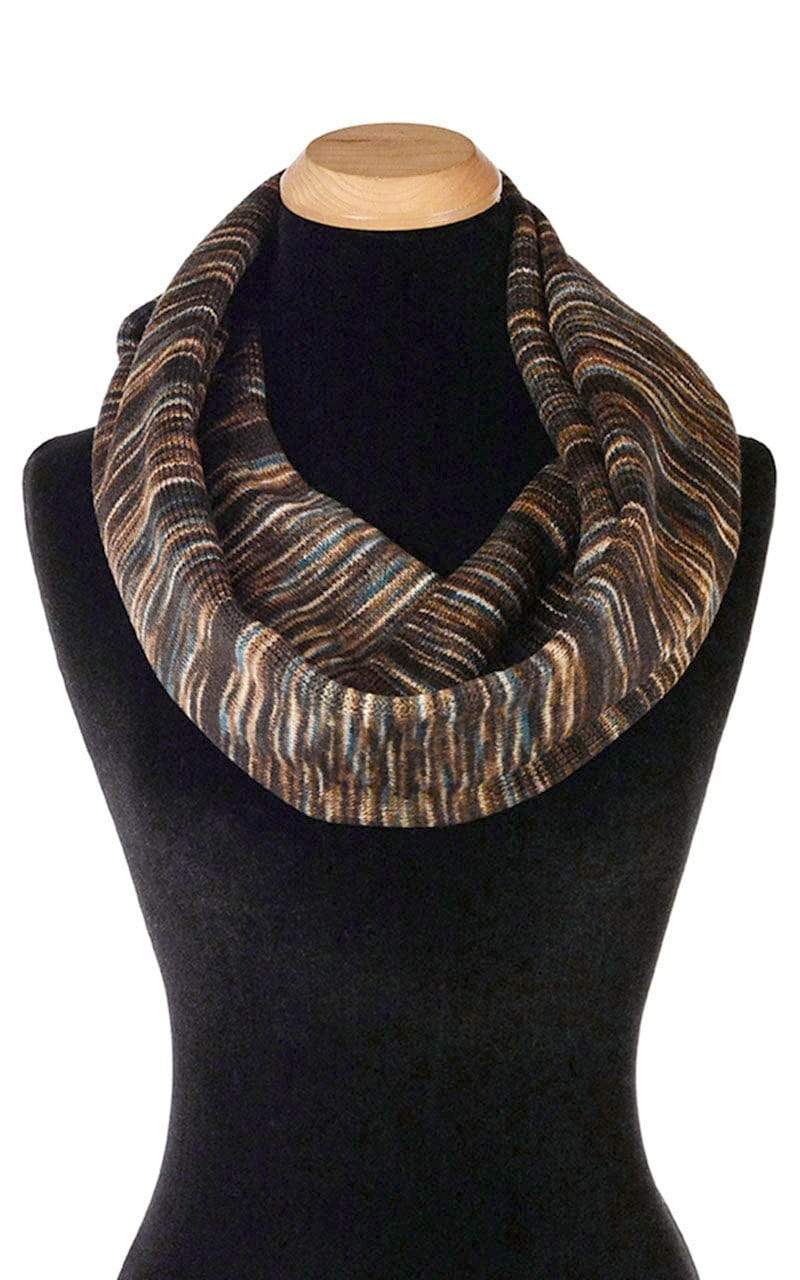 Product shot of Infinity Scarf on Mannequin | Sweet Stripes in Toffee, Chocolate, blue. Brown, Tan a knitted and fleece fabric | Handmade in Seattle WA Pandemonium Millinery