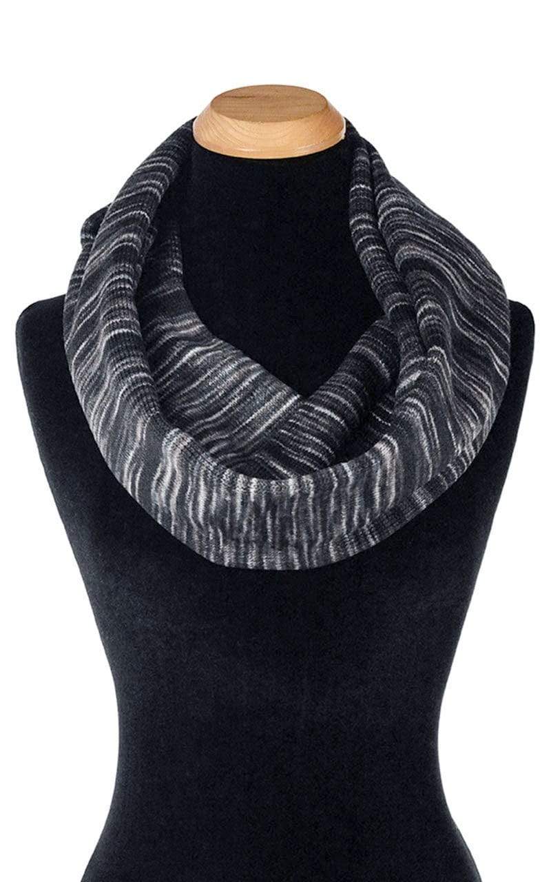 Product shot of Infinity Scarf on Mannequin | Sweet Stripes in Blackberry cobbler, blues, and grays, a night and fleece fabric | Handmade in Seattle WA Pandemonium Millinery