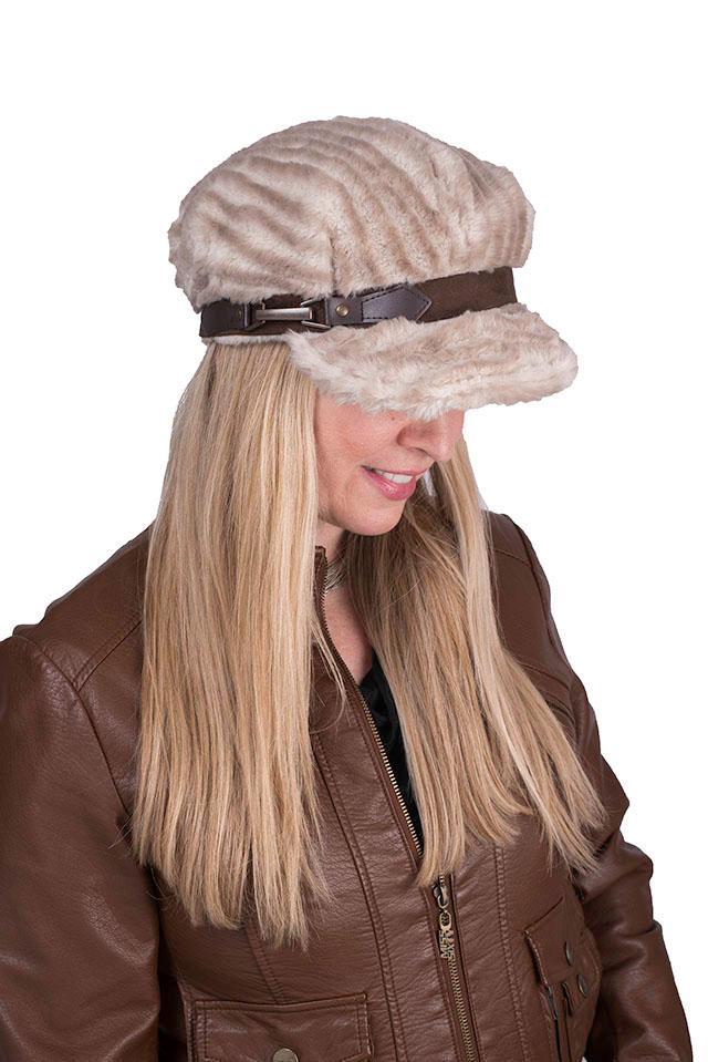 Italian Buckle Closure shown on a Valerie Newsboy Style Cap | Vegan Leather Brown, 7 1/8" with Gun Metal Clasps| Pandemonium Millinery | Seattle WA