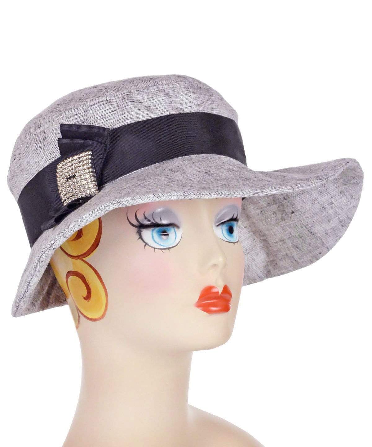 Katherine Wide Brim Hat in Metallic Silver Linen | Black Band and Bow with Copper Metal Square Button | Handmade By Pandemonium Millinery | Seattle WA