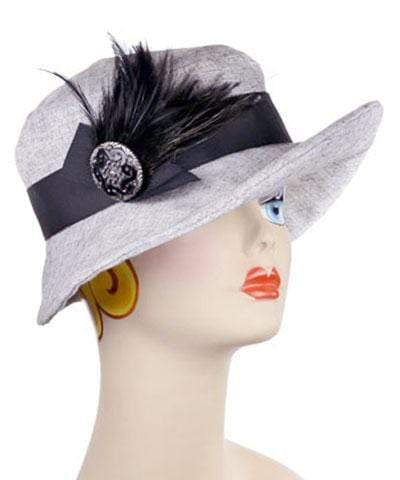 Katherine Wide Brim Hat in Metallic Silver Linen | Black Band with Black Feathers and Glass Button | Handmade By Pandemonium Millinery | Seattle WA
