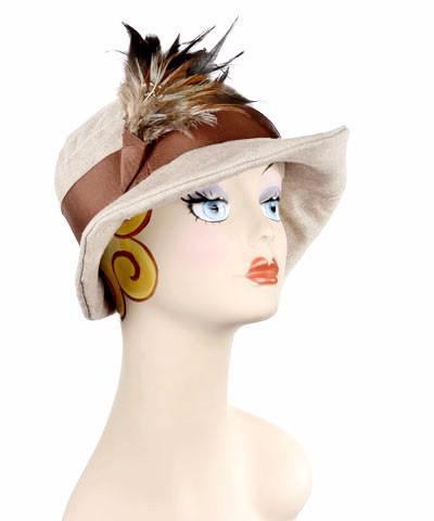 Wide Brim Katherine Hat Natural Linen with Rust Grosgrain Band  and Feather Brooch | Handmade in Seattle WA | Pandemonium Millinery