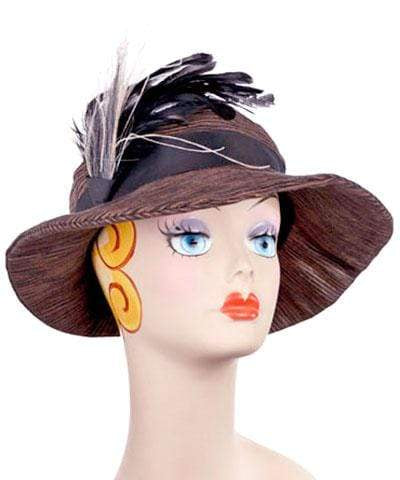 Katherine Wide Brim Hat in Sonora | Black Band featuring Black and Gray Feather Brooch | Handmade By Pandemonium Millinery | Seattle WA