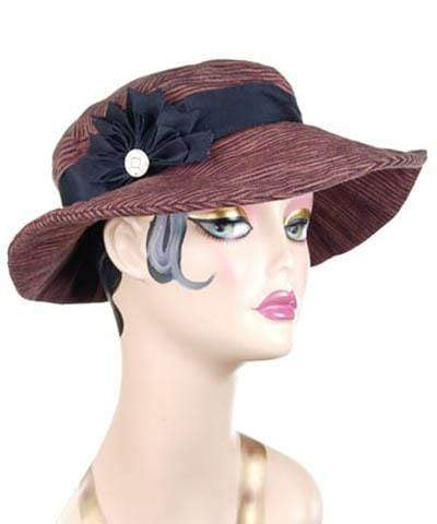 Katherine Wide Brim Hat in Sonora | Black Band featuring Black and Gray Feather Brooch | Handmade By Pandemonium Millinery | Seattle WA