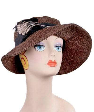 Katherine Hat with Grizzly Feather Brooch | Tumbleweed in Chocolate Upholstery | Pandemonium Millinery Handmade Seattle USA
