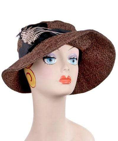 Katherine Hat with Flower Brooch | Tumbleweed in Chocolate Upholstery | Pandemonium Millinery Handmade Seattle USA