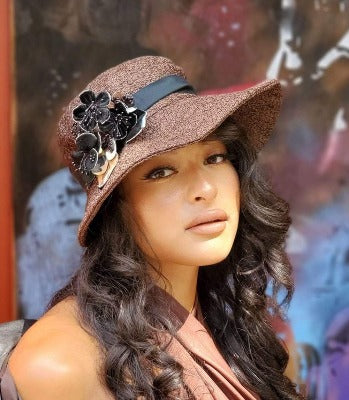 Katherine Hat with Flower Brooch | Tumbleweed in Chocolate Upholstery | Pandemonium Millinery Handmade Seattle USA
