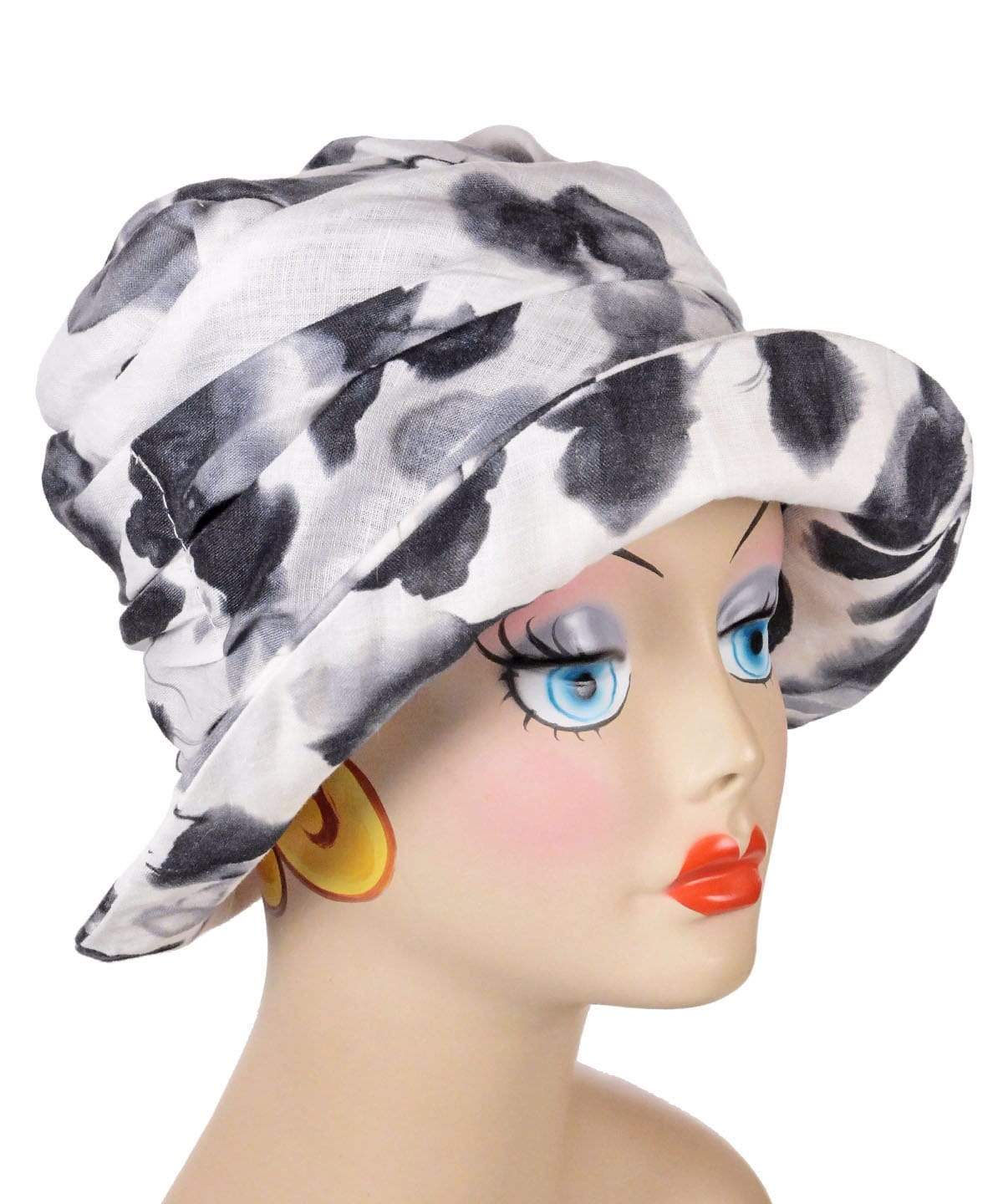 Cuffed Krystyne Bucket Hat in Black and White Floral Linen Handmade in Seattle WA by Pandemonium Millinery USA
