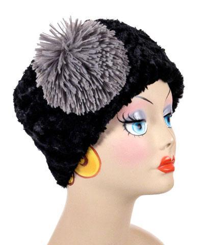 Large Pom Pom Brooch in Gray Fox Faux Fur on Black Pillbox | Handmade in Seattle WA | Pandemonium Millinery