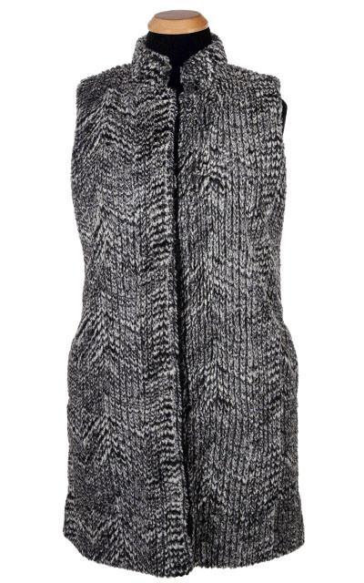 Model wearing Mandarin Vest Long  and matching Beret | Cozy Cable Black and White Faux Fur and Cuddly Black Faux Fur | Handmade in Seattle WA | Pandemonium Millinery