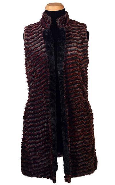 Mandarin Vest Long | Desert Sand in Crimson, Brick Red Faux Fur with Cuddly Black Faux Fur | By Pandemonium Millinery | Handmade in Seattle WA USA