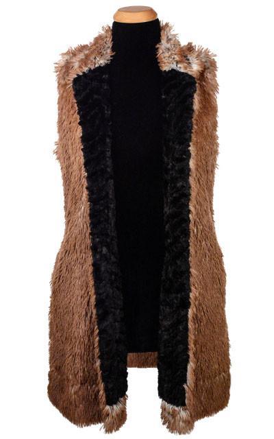 Model in snow wearing Mandarin Vest Long | Arctic Fox Long Hair Faux Fur with Cuddly Black Faux Fur | By Pandemonium Millinery | Handmade in Seattle WA USA