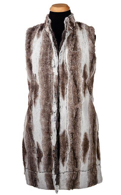 Mandarin Vest Long Closed View | Birch Brown and Ivory Faux Fur and Cuddly Ivory Faux Fur | Handmade in Seattle WA | Pandemonium Millinery