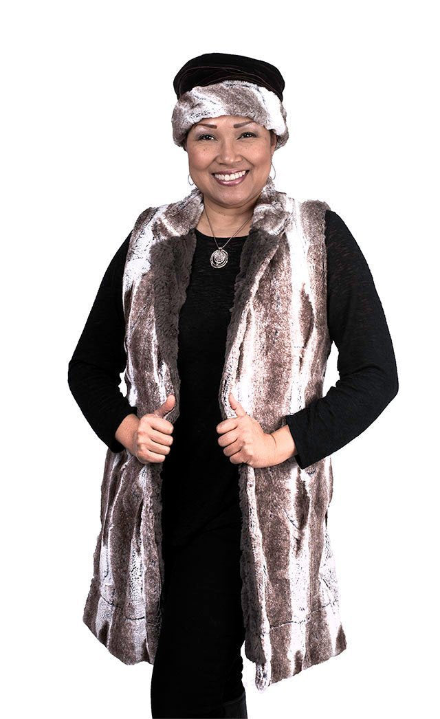 Model wearing Mandarin Vest Long and matching Ana Cloche Hat | Birch Brown and Ivory Faux Fur and Cuddly Ivory Faux Fur | Handmade in Seattle WA | Pandemonium Millinery