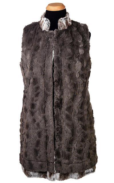 Mandarin Vest Long Reversed | Birch Brown and Ivory Faux Fur and Cuddly Gray Faux Fur | Handmade in Seattle WA | Pandemonium Millinery
