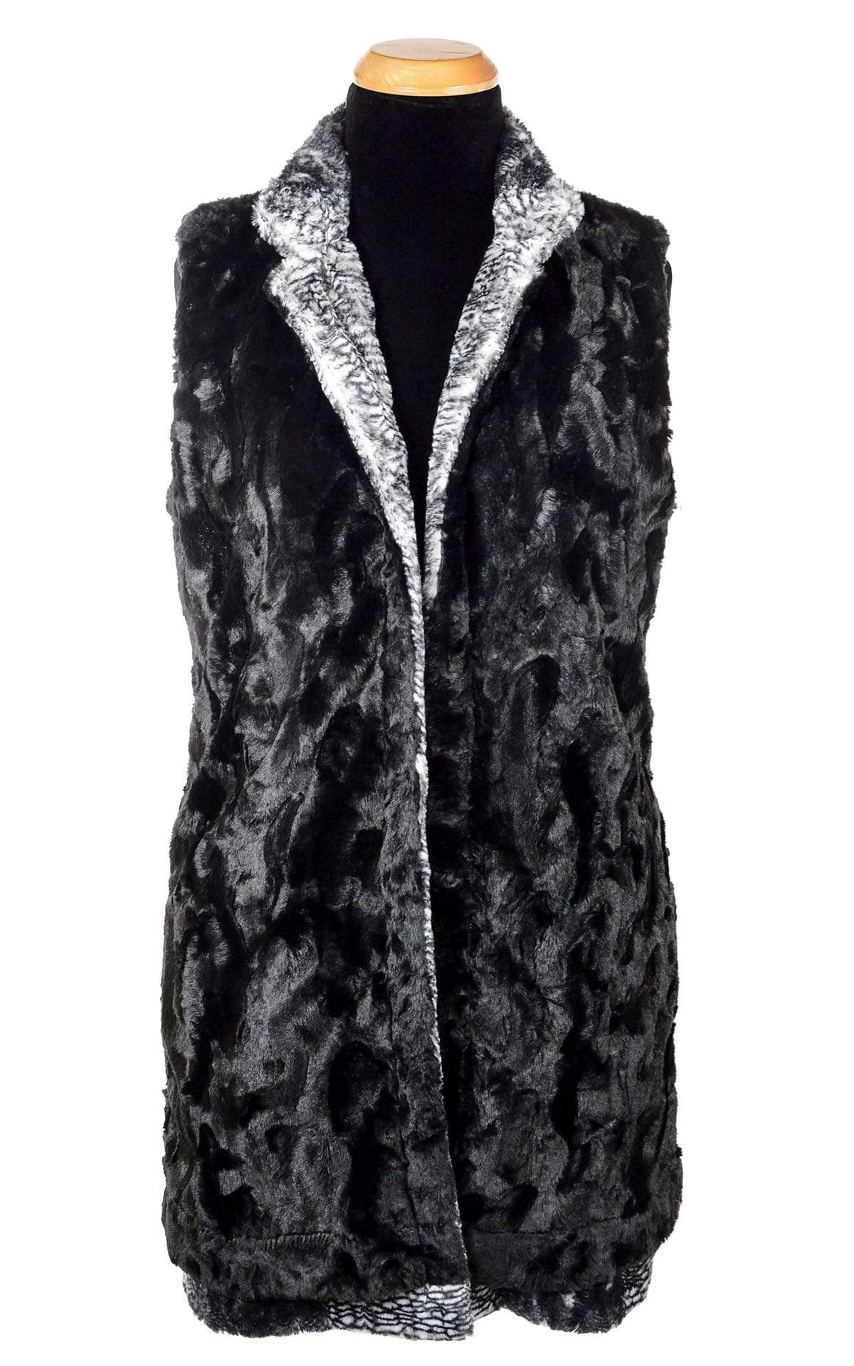 Reversed Mandarin Vest | Luxury Faux Fur in Black Mamba with Cuddly Black | Handmade by Pandemonium Seattle USA