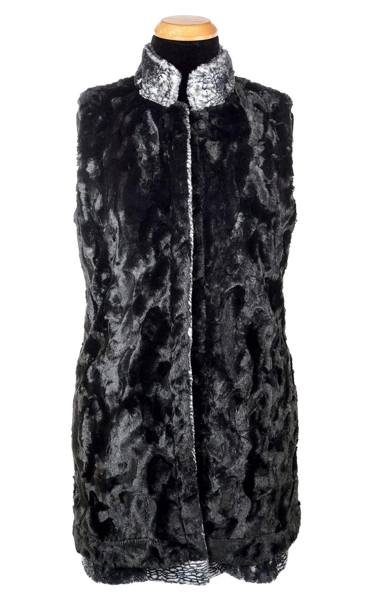 Reversed Mandarin Vest | Luxury Faux Fur in Black Mamba lined Cuddly Black | Handmade by Pandemonium Seattle USA