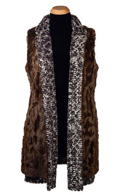  Mandarin Vest Long | Calico Brown and Cream with Faux Fur and Cuddly Chocolate Faux Fur | Handmade in Seattle WA | Pandemonium Millinery