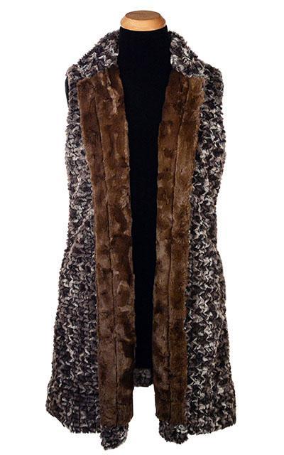  Mandarin Vest Long | Calico Brown and Cream with Faux Fur and Cuddly Chocolate Faux Fur | Handmade in Seattle WA | Pandemonium Millinery