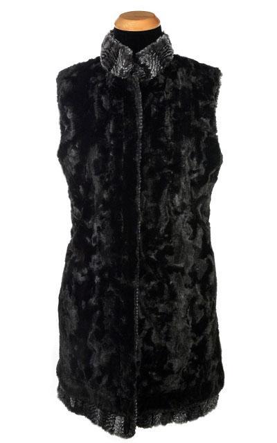 Shown in Reverse Mandarin Vest Long | Highland in Sky Denim and Gray Faux Fur with Cuddly Black Faux Fur | By Pandemonium Millinery | Handmade in Seattle WA USA