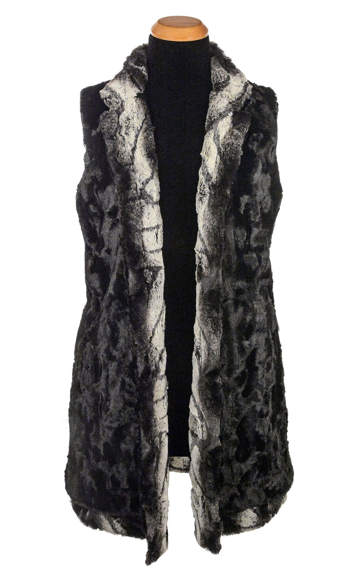 Mandarin Vest Long Reversed | Honey Badger Faux Fur and Cuddly Black Faux Fur | Handmade in Seattle WA | Pandemonium Millinery