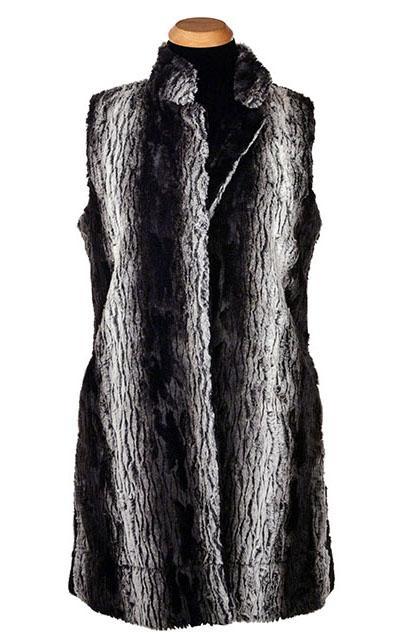 Woman wearing Mandarin Vest Long and matching Molly Bucket Hat | Smouldering Sequoia Black and White Vertical Striped Faux Furand Cuddly Ivory Faux Fur | Handmade in Seattle WA | Pandemonium Millinery