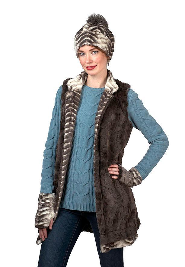 Model wearing Mandarin Vest Long Reversed and matching Faux Fur Beanie | Matterhorn  Gray and White Faux Fur with CuddlyGray Faux Fur | By Pandemonium Millinery | Handmade in Seattle WA USA