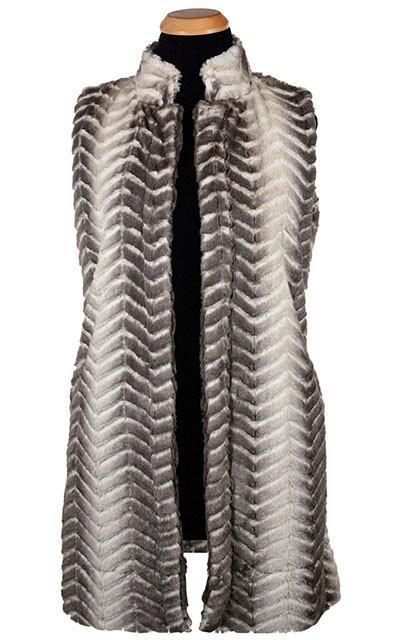 Model wearing Mandarin Vest Long Reversed and matching Faux Fur Beanie | Matterhorn  Gray and White Faux Fur with CuddlyGray Faux Fur | By Pandemonium Millinery | Handmade in Seattle WA USA