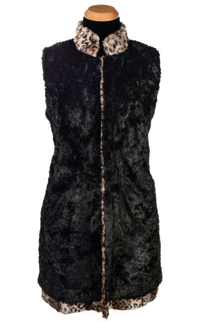 Mandarin Vest Long Reverse | Carpathian Lynx Brown, Tan and Black Animal Print Faux Fur and Cuddly Black Faux Fur | Handmade in Seattle WA | Pandemonium Millinery