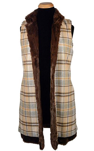 Mandarin Vest, Reversible less pockets - Wool Plaid with Assorted Faux Fur (One Medium Nightfall Left!) X-Small / Daybreak / Cuddly Chocolate Outerwear wholesale Pandemonium Millinery