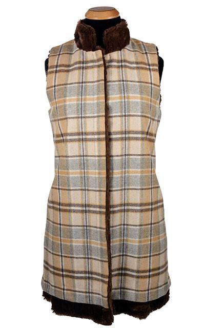 Mandarin Vest, Reversible less pockets - Wool Plaid in Daybreak and Cuddly Chocolate Outerwear Pandemonium Millinery