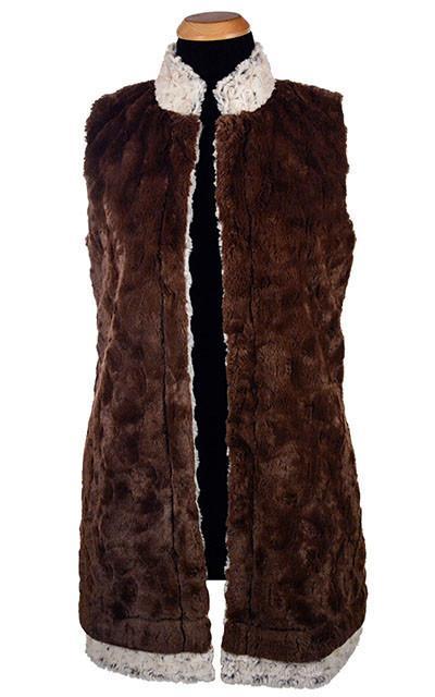 Mandarin Vest Long Reversed | Rosebud in Brown Faux Fur with Cuddly Chocolate Faux Fur | By Pandemonium Millinery | Handmade in Seattle WA USA