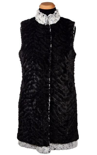  Mandarin Vest Long  Shown in Reverse | Rosebud in Black Faux Fur with Cuddly Black Faux Fur | By Pandemonium Millinery | Handmade in Seattle WA USA