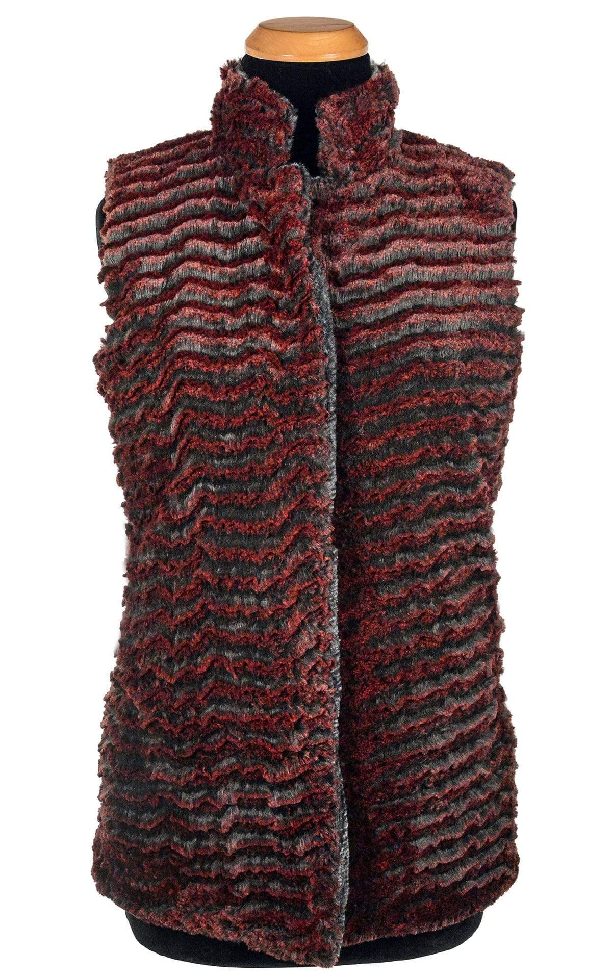 Mandarin Vest Short | Desert Sand in Crimson and Cuddly Black Faux Fur | Reversible | Handmade in Seattle WA | Pandemonium Millinery