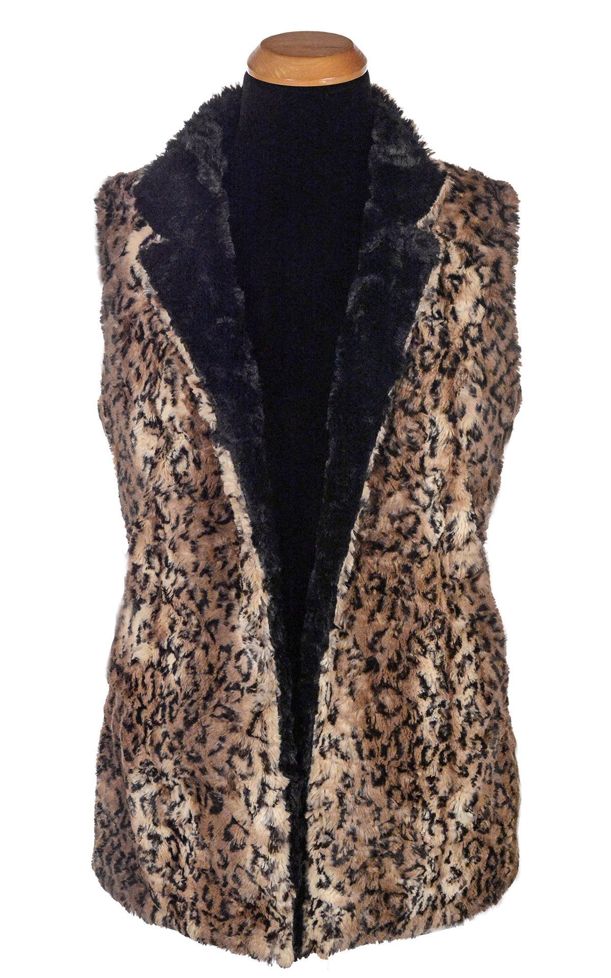 Open view of Mandarin Vest Short | Carpathian Lynx Brown, Tan, and Black Animal Print and Cuddly Black Faux Fur | Reversible | Handmade in Seattle WA | Pandemonium Millinery