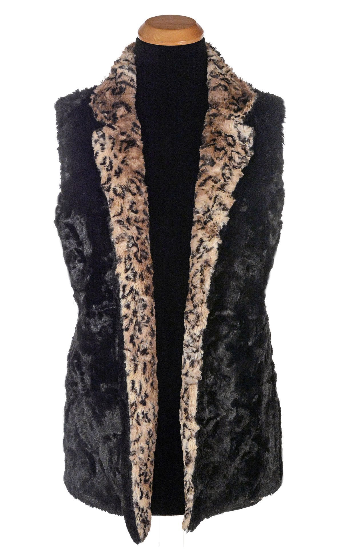 Mandarin Vest Short Reversed | Carpathian Lynx Brown, Tan, and Black Animal Print and Cuddly Black Faux Fur | Reversible | Handmade in Seattle WA | Pandemonium Millinery