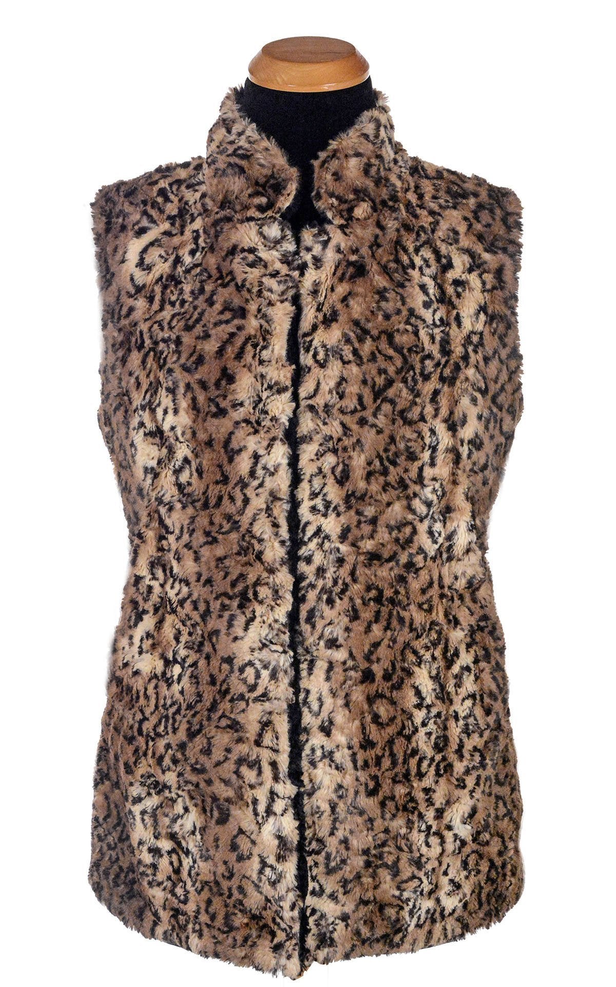 Mandarin Vest Short | Carpathian Lynx Brown, Tan, and Black Animal Print and Cuddly Black Faux Fur | Reversible | Handmade in Seattle WA | Pandemonium Millinery